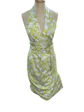 J. McLaughlin lime green blue paisley Silk blend halter dress 10